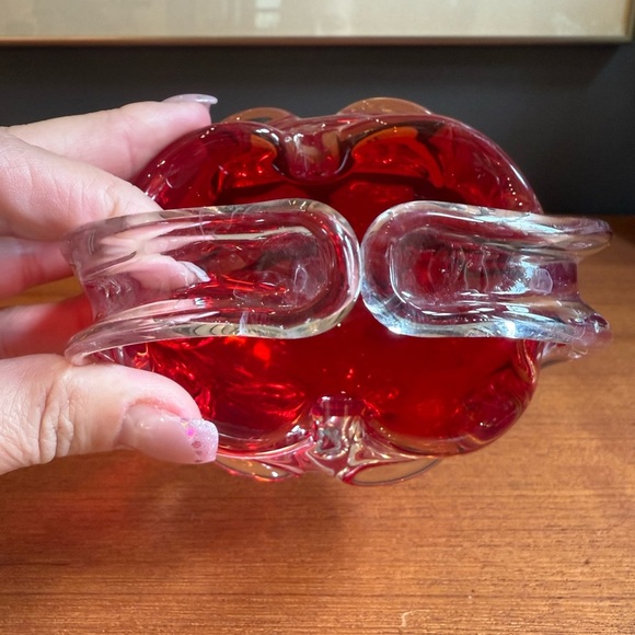 Murano Art Glass Hand Blown Sommerso Basket Joined Handles Submerged Ruby Red - Picture 3 of 7